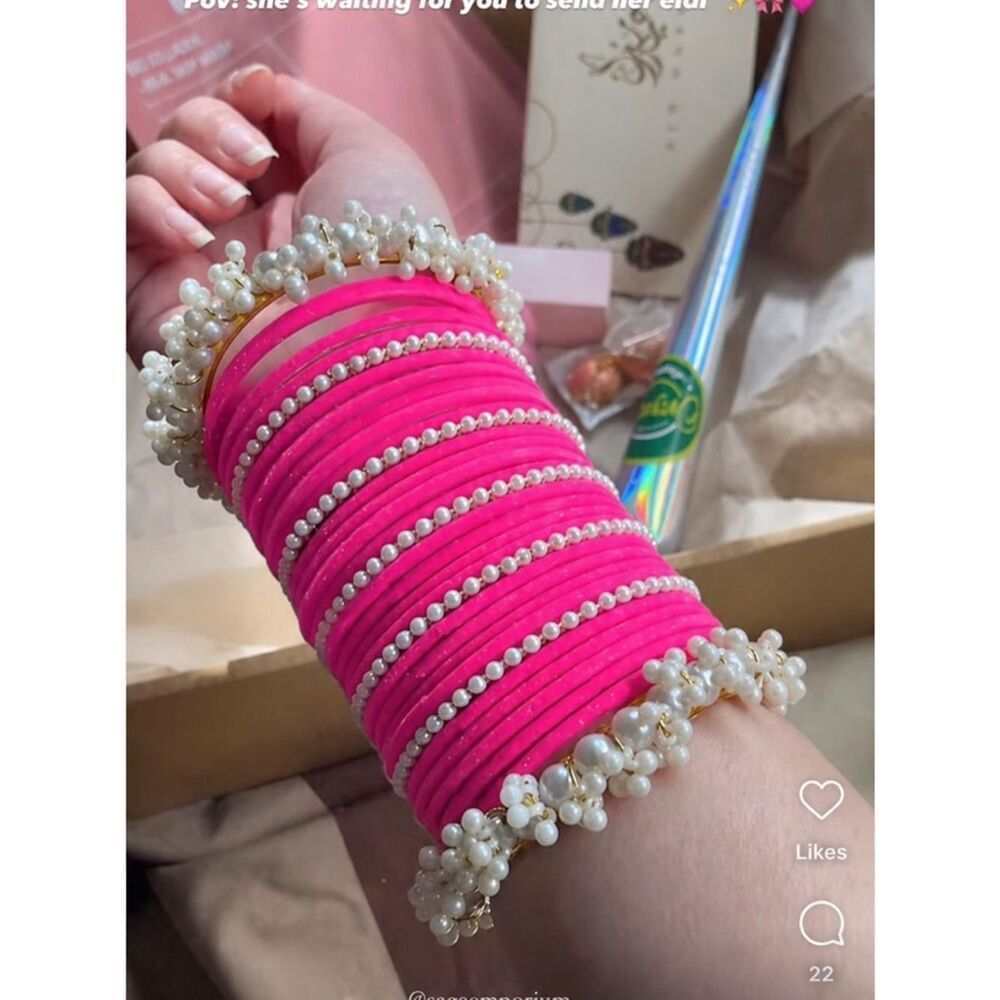 PAKISTANI DESIGNER BANGLES SET Pearl Trim Hot Pink Bangle Set
